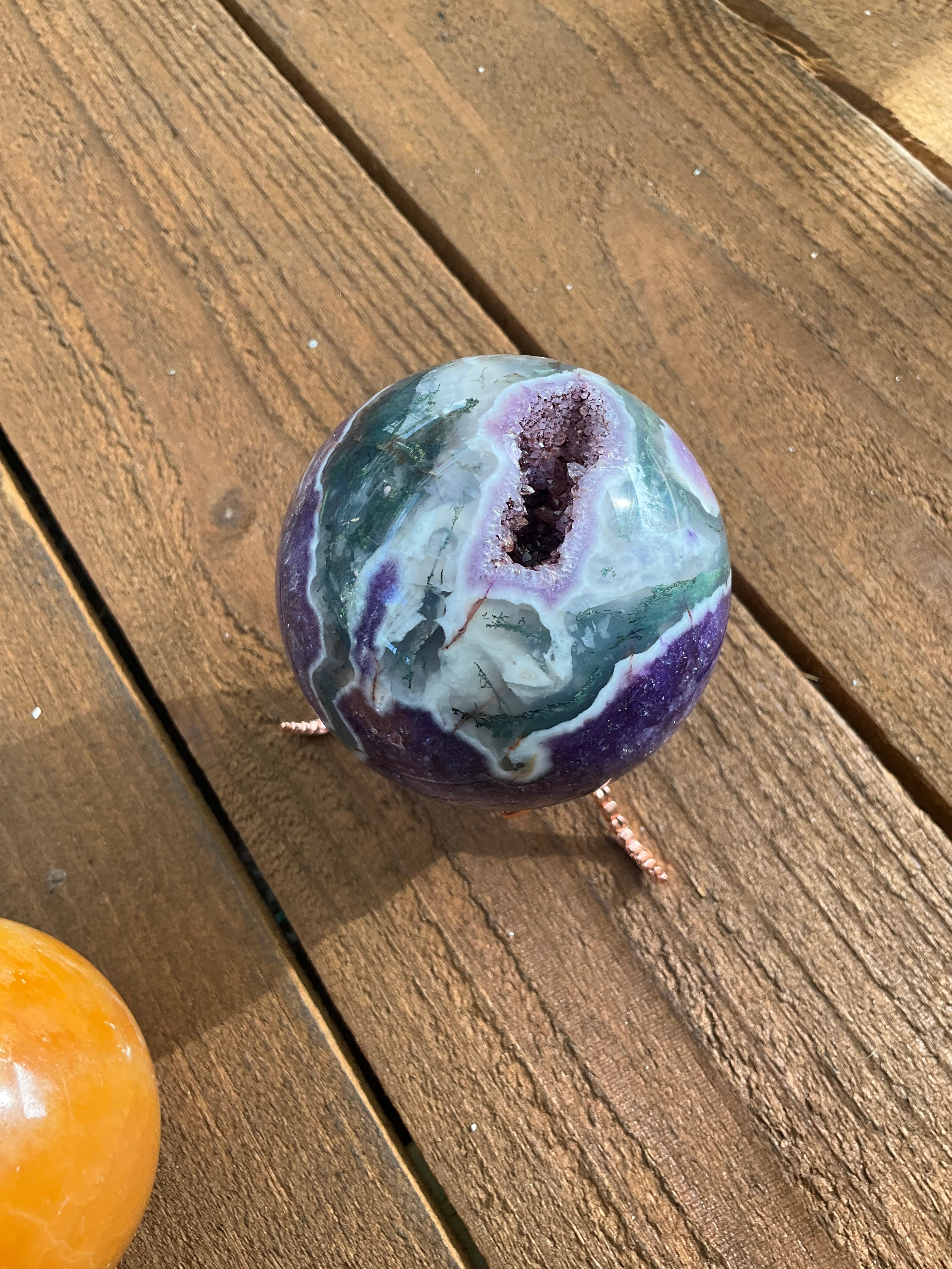 Moss Agate Purple Druzy Sphere