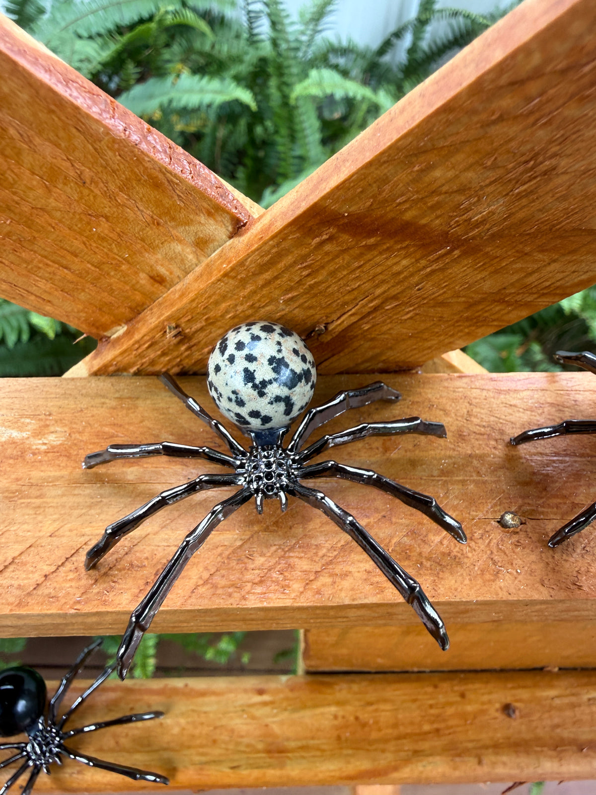 Metallic Dalmatian jasper spider decorations on a wooden surface with a natural background