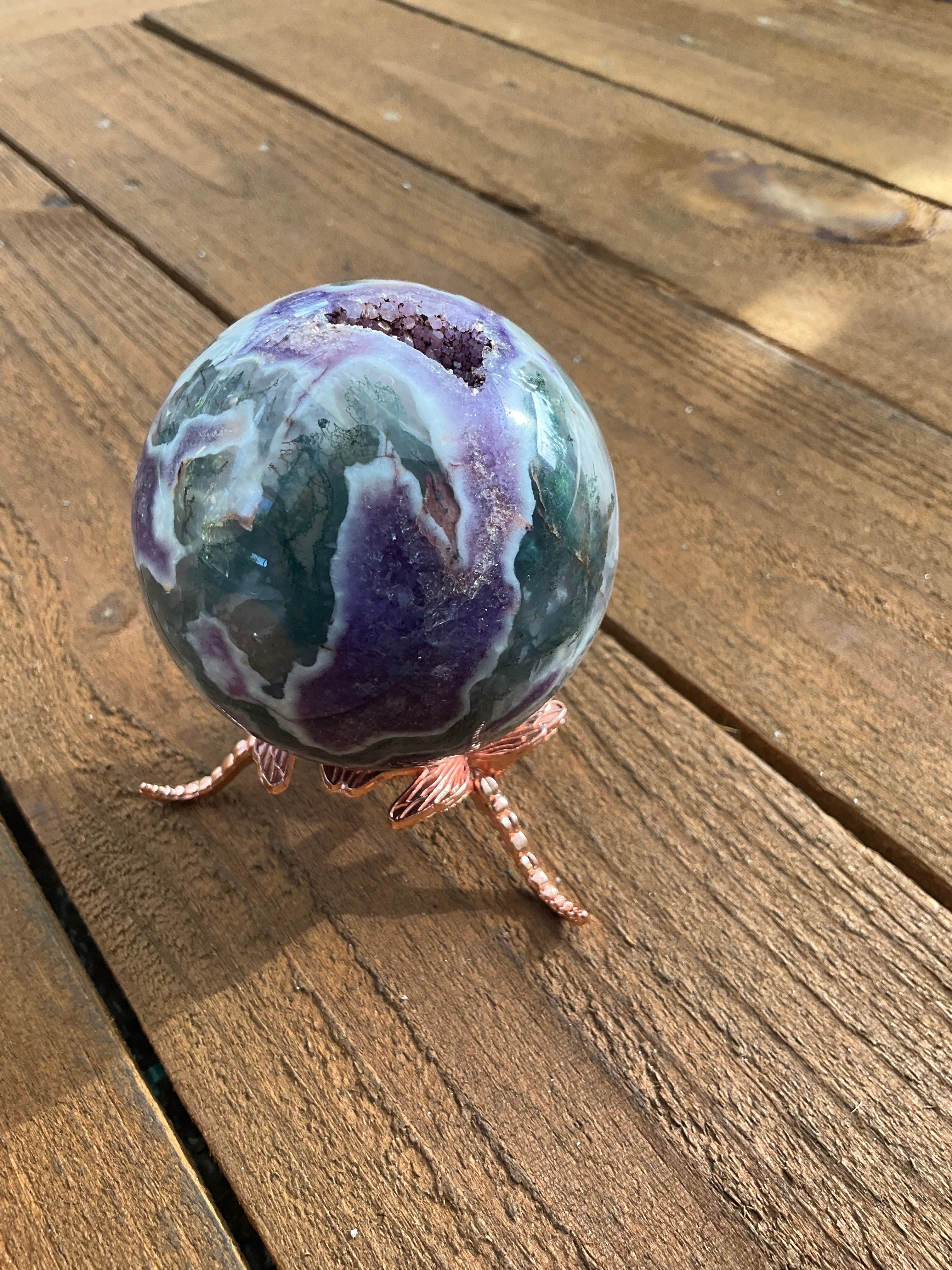Moss Agate Purple Druzy Sphere