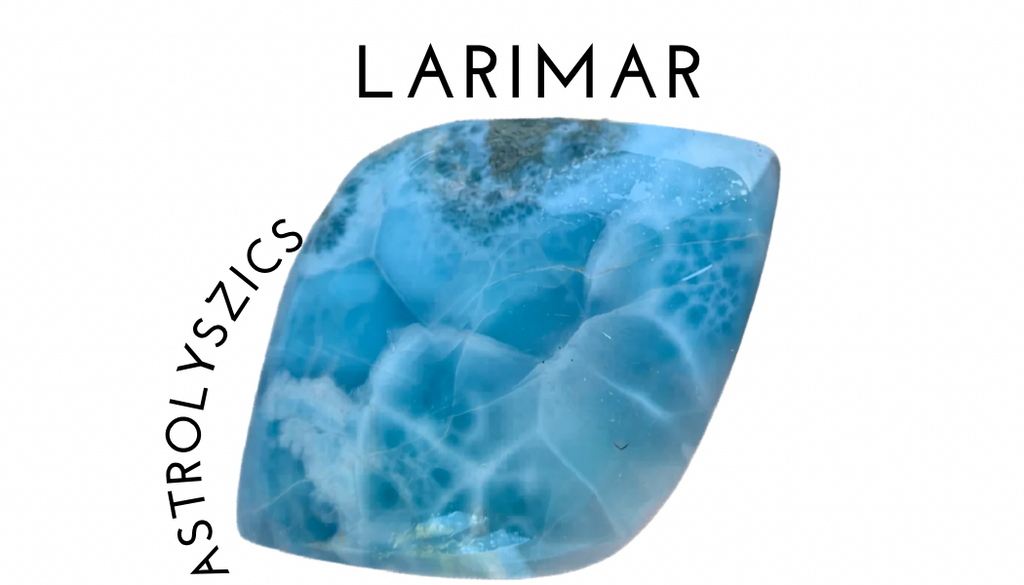 Blue larimar stone with 'Astrolysics' and 'Larimar' text on a white background